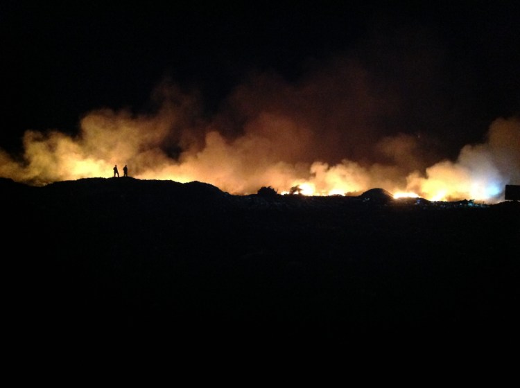 Firefighters from eight towns around the region responded to help the Augusta Fire Department knock down a large fire at the Hatch Hill landfill in east Augusta. The fire was first reported by a LifeFlight helicopter crew member, who spotted the flames overnight.