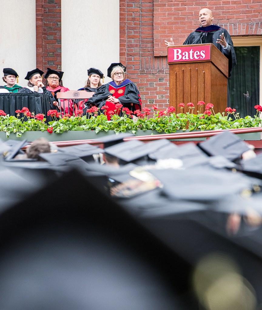 Bryan Stevenson gives the commencement address at Bates College in Lewiston on Sunday morning.