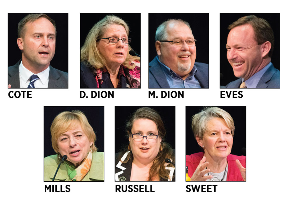  Adam Cote, Donna Dion, Mark Dion, Mark Eves, Janet Mills, Diane Russell, Betsy Sweet Democratic candidates governor 2018.