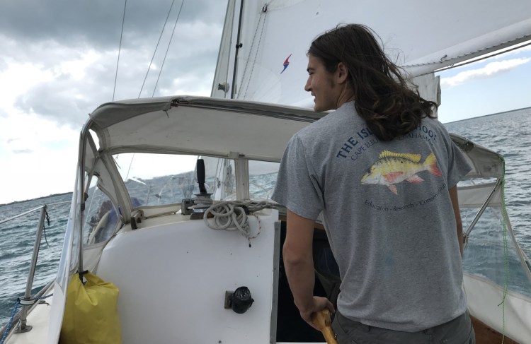 Kai O'Connor sails his 27-foot Pearson Renegade in the Bahamas in February. O'Connor and his boat, Scoooch, returned to Maine Saturday, finishing up a 5,200-nautical-mile solo trip that took him to the Bahamas and beyond – the realization of a childhood dream.