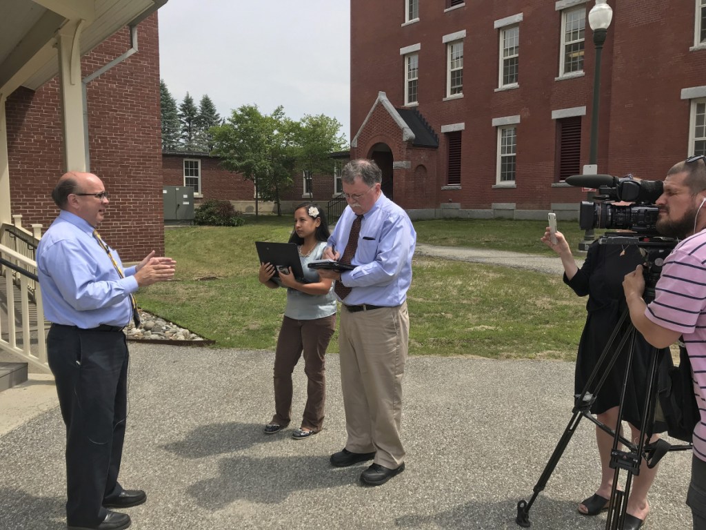 Secretary of State Matt Dunlap speaks to reporters Monday morning outside the office building where his staff is preparing for the nation's first use of ranked-choice voting to decide a statewide election. Staff photo by Kevin Miller