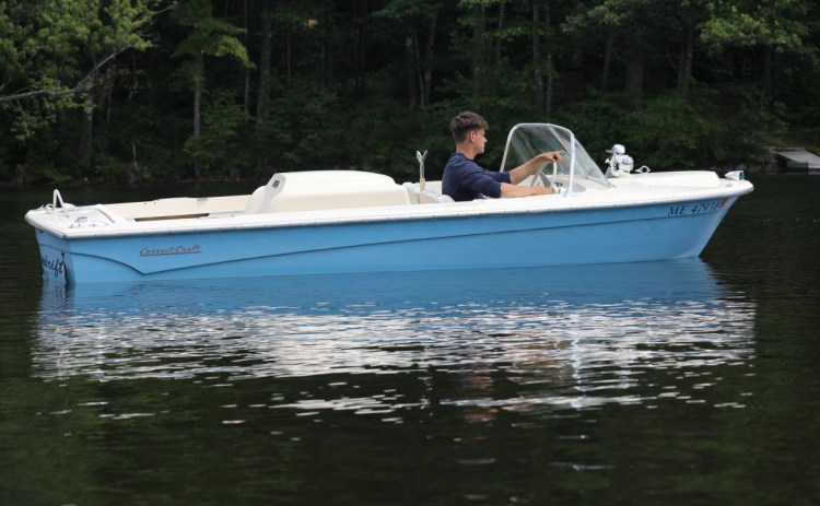 Jonathan Demme's 51-year-old ski boat, named Spindrift, is seen on Kezar Lake.