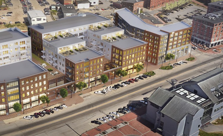 A rendering of the approved Hobson's Landing development, which would replace the former Rufus Deering Lumber site with a hotel and condos at 383 Commercial St.