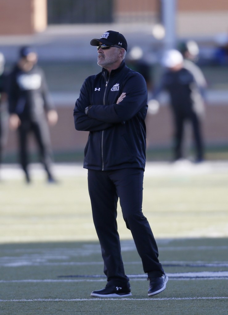 Old Dominion football coach Bobby Wilder watches from the sidelines of a Sept. 23 game against Virginia Tech. Wilder will be inducted into the Maine Sports Hall of Fame on Sunday.