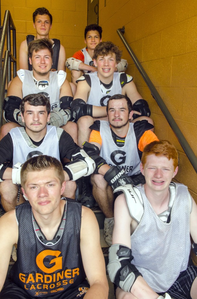 The Gardiner boys lacrosse team has six sets of brothers, four of which posed during a June 1 practice in Gardiner. They are from, left, to right: top row Noah Keene, Logan Keene; Connor Manter, Logan Manter; Nathaniel Phillis, Bradley Phillis, Isaac Dearborn and Max Dearborn. The other brothers on the team are Parker and Garrett Hinkley, and Sean and Cameron Michaud.