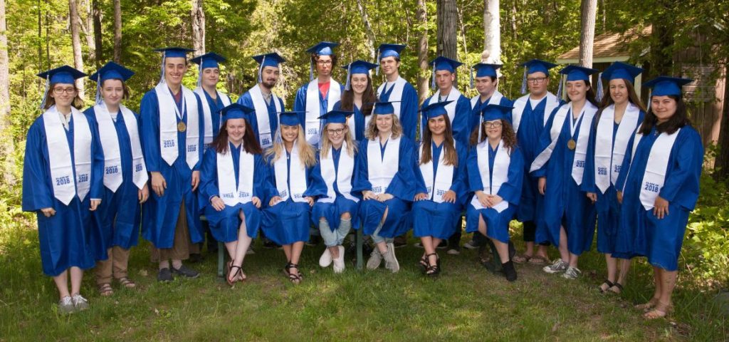 Snow Pond Arts Academy's graduating class of 2018 include, in front, from left: Kristin Cooley, Sierra Gilmore, Abbey Bailey, Juliet Williams, Christiana Mosca and Nellie Bush. Back, from left, are Acacia Rossignol, Kaitlyn Prophett, Ezri Donnangelo (valedictorian), Spenser Grinnell, Eben Jovin, Isaac Mercier, Kate Brenner-Simpson, Alexander Kane, Chris Ryder, Kobi Appleby, Stephen Bard, Dakota Hutchins (salutatorian), Amanda King and Alyssa Soule.