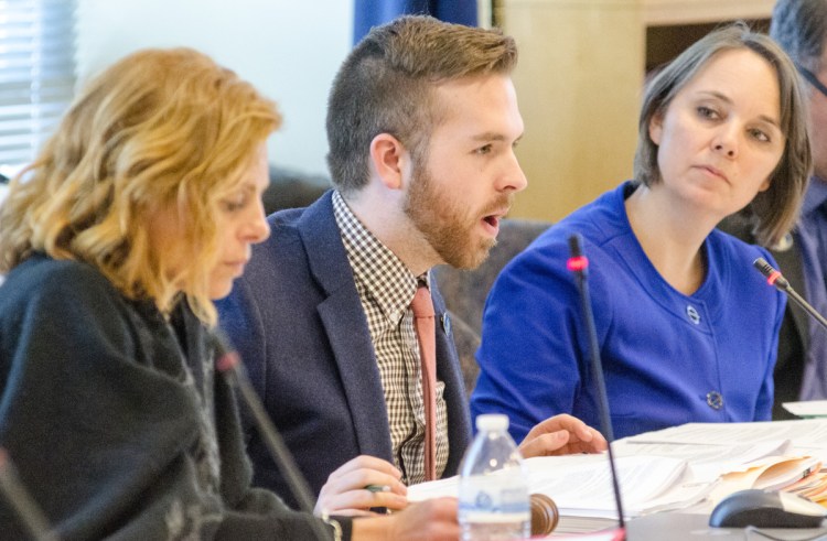 Co-chairwoman Sen. Amy Volk, R-Scarborough, left, Co-chairman Rep. Ryan M. Fecteau, D-Biddeford, and Sen. Shenna Bellows, D-Manchester, take part March 6 in a Joint Standing Committee on Labor, Commerce, Research and Economic Development work session in the Burton M. Cross State Office Building in Augusta. Bellows says she is concerned about the labor department's plans to roll out the next phase of the ReEmployME unemployment insurance system.