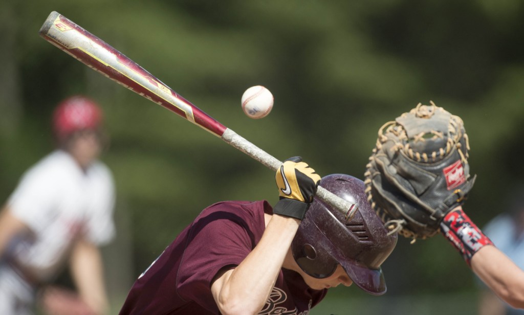 Richmond hitter Dakotah Gilpatrick ducks to avoid getting hit with a pitch during the Class D title game Saturday at Mansfield Stadium in Bangor.