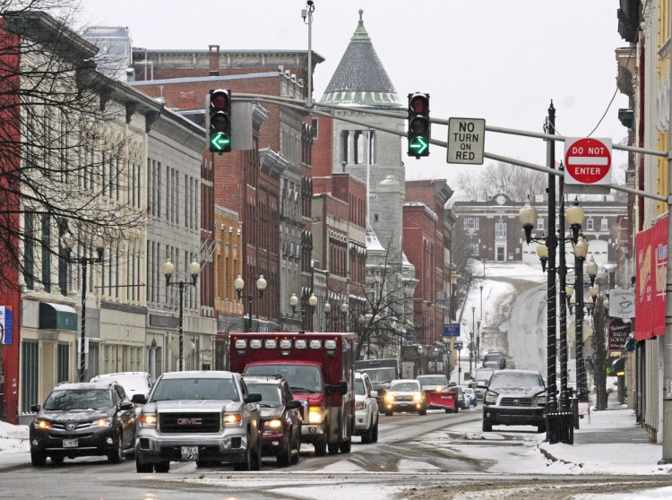 One-way northbound traffic is seen Feb. 7, 2017, on Water Street in downtown Augusta. The Augusta City Council is scheduled on Thursday to consider ordinances that would pave the way for traffic to change to two-way downtown.