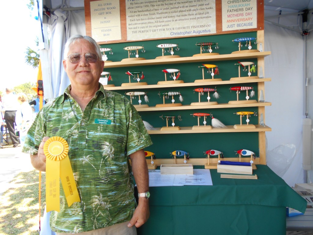 Master craftsman Christopher Augustus, of Seal Cove, uses his refined woodworking skills to create meticulous reproductions of classic antique fish lures. To meet the artist and see his work in person, attend the Nickels-Sortwell House craft show from 11 a.m. to 7 p.m. Thursday, July 26, in Wiscasset Village.