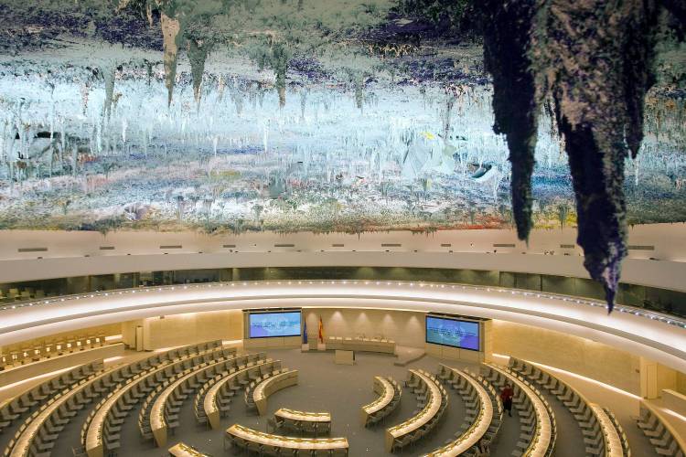 A general view from 2008 of the Human Rights Room (Room XX) at the European headquarters of the United Nations in Geneva, Switzerland. The United States announced Tuesday it is leaving the United Nation’s main human rights body, primarily over Washington’s claim that the Human Rights Council is biased against Israel. 