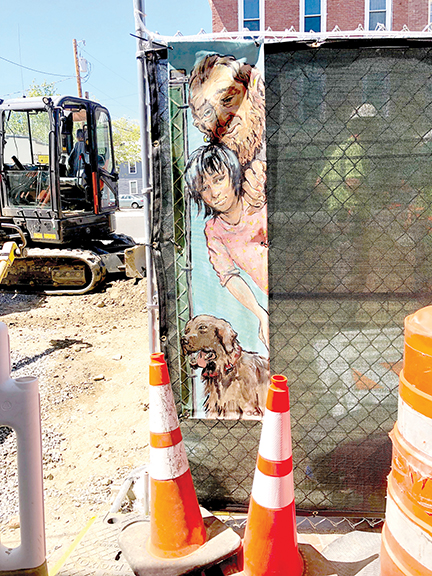 Colorful original art murals, such as this whimsical trio captured by Christopher Cart,  adorn construction fencing along Water Street in downtown Hallowell.  Nancy P. McGinnis photo
