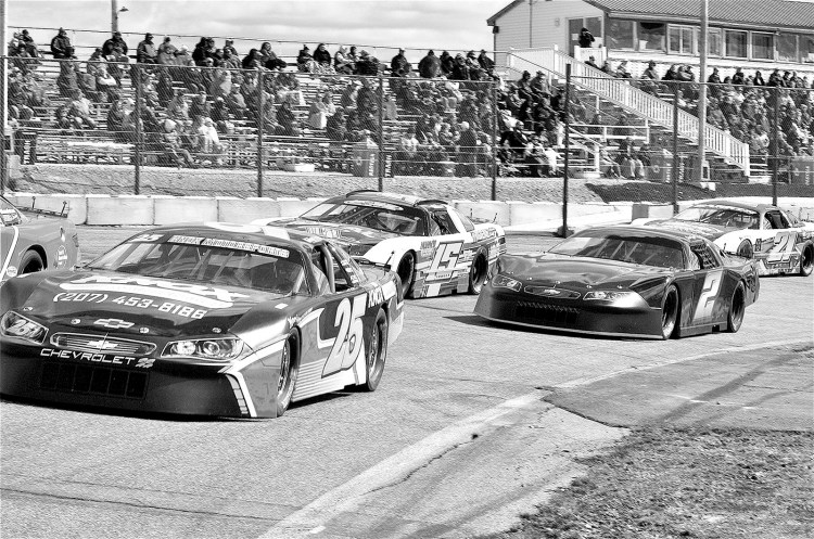 Wiscasset Speedway “Pro Stock Track” is their top class with fast high performance engines. In this photo the action is from the first turn, #25 is Barry Poulin from Bento; #2 is Chris Ryan of Newburgh; #15 is Nick Hinkley of Wiscasset, and #21 James Barker of Jay.  Photo contribute by Peter Taylor www.petespicks.smugmug.com 
