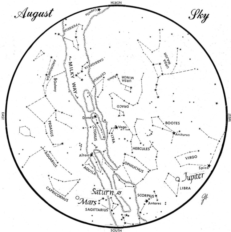 SKY GUIDE: This chart represents the sky as it appears over Maine during August. The stars are shown as they appear at 10:30 p.m. early in the month, at 9:30 p.m. at midmonth and at 8:30 p.m. at month's end. Mars, Saturn and Jupiter are shown in their midmonth positions. To use the map, hold it vertically and turn it so that the direction you are facing is at the bottom.