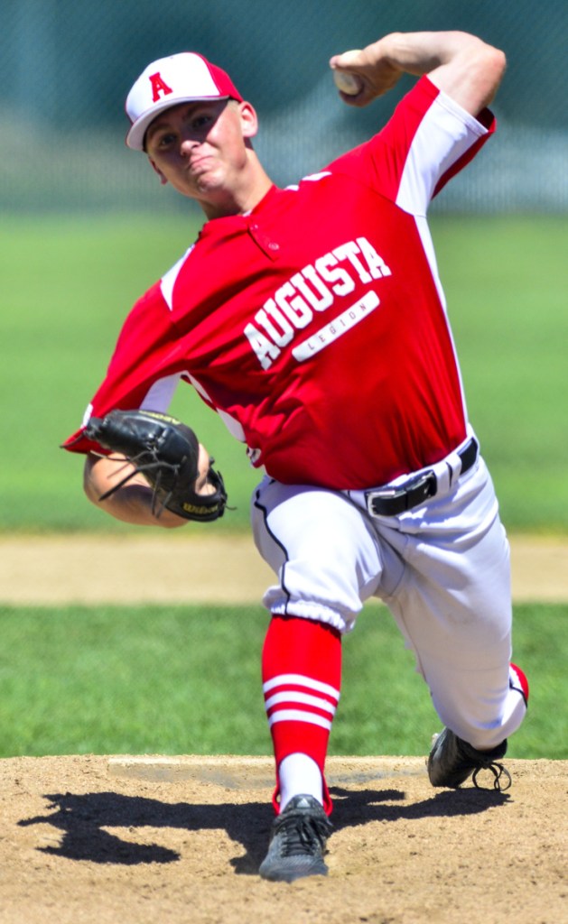 Augusta pitcher John Lauter throws a pitch to a Franklin County batter during an American Legion game Saturday in Augusta.