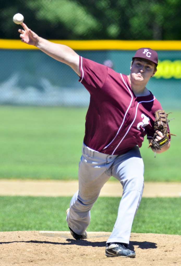 Franklin County pitcher Miles Pelletier throws a pitch to an Augusta batter during an American Legion game Saturday in Augusta.