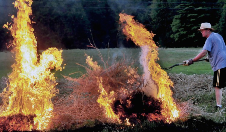 Peter Clifford throws a pitchfork full of burning brush to ignite another pile while he and his father Roger burned a field in Benton on Aug. 25, 2014.