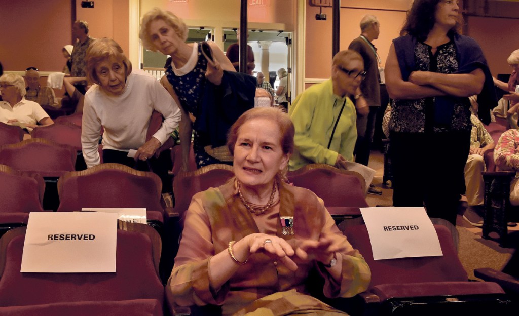 As filmgoers arrive at the Waterville Opera House actress Dominique Sanda speaks about winning the Maine International Film Festival Lifetime Achievement award after a viewing of her film "The Garden of the Finzi-Continis" on Sunday.