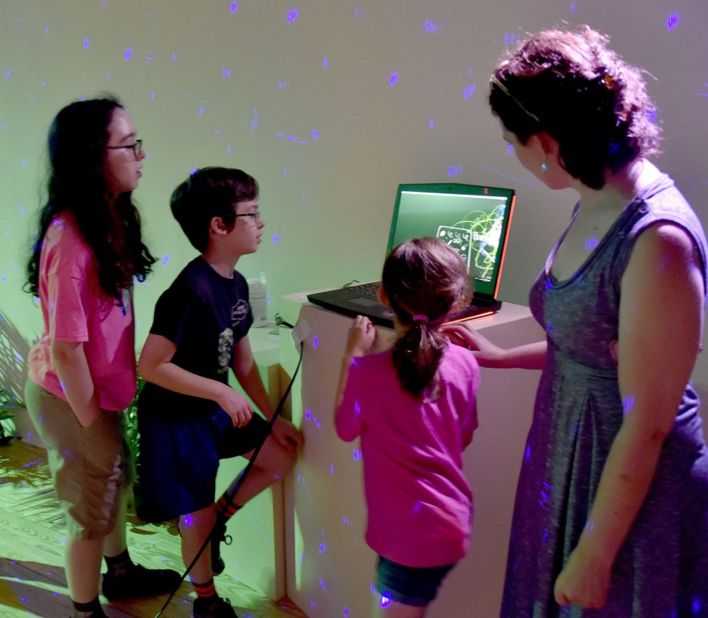 Participants in a Tilt Brush virtual reality drawing workshop look at a monitor that shows the high tech art form results during a MIFFONEDGE event at the Maine International Film Festival in Waterville on Monday.