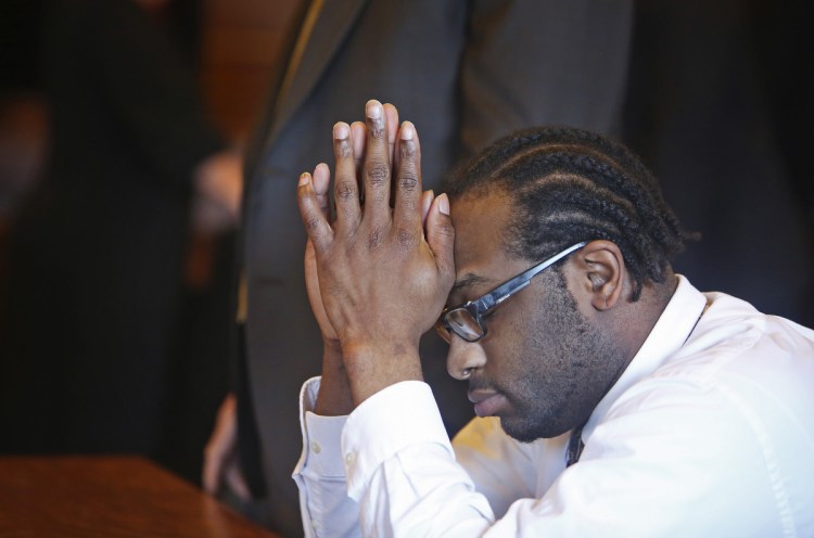 David W. Marble Jr. reacts Thursday as jurors read their guilty verdicts at the Cumberland County Courthouse in Portland. Marble was convicted of two murder charges stemming from the Dec. 25, 2015, shooting deaths of Eric Williams and Bonnie Royer, of Augusta.