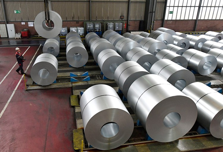 Steel coils are stored at the Thyssenkrupp steel factory in Duisburg, Germany. Duisburg is the biggest steel producer site in Europe. 