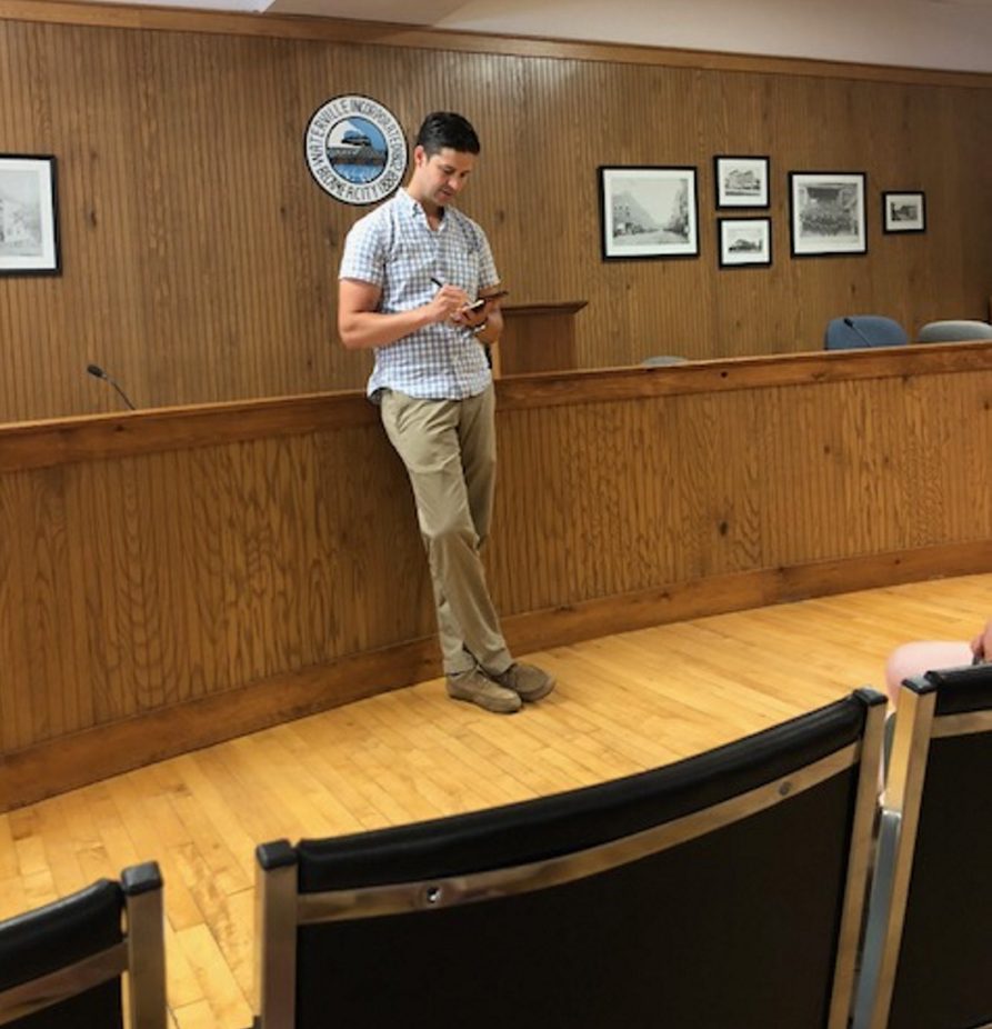 Waterville Mayor Nick Isgro presides over the city Republican caucus Thursday evening.