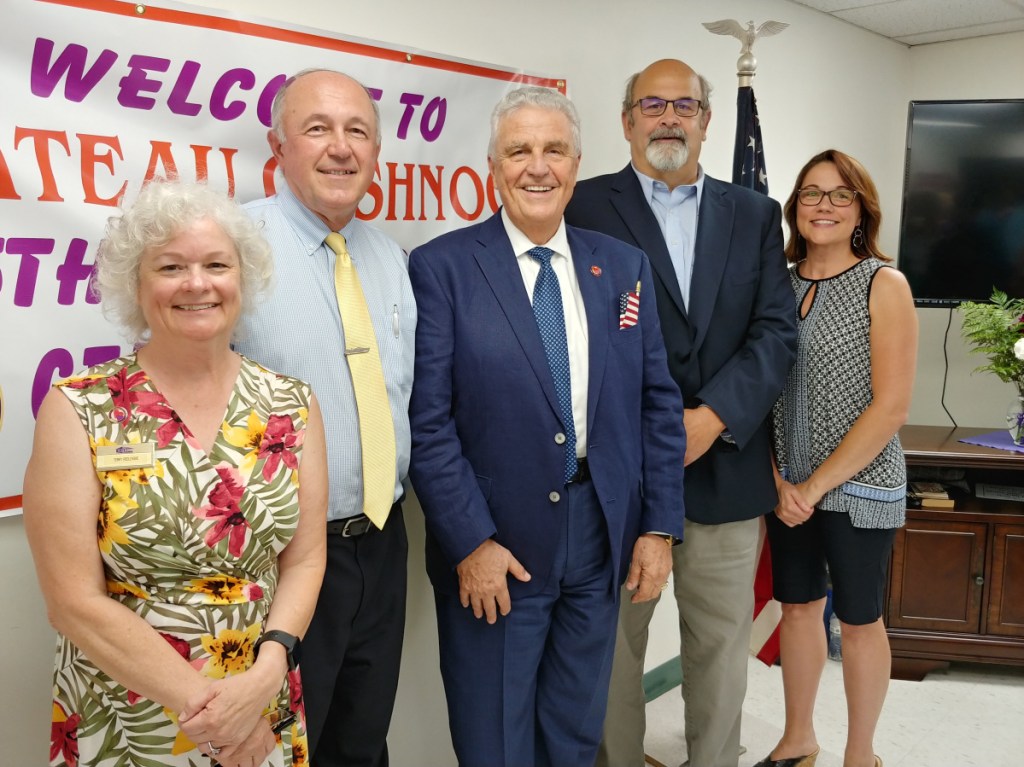 In recognition of Chateau Cushnoc's 35th anniversary, a ceremony was held Aug. 8 at the Augusta facility on Townsend Street, where residents joined in acknowledging the 35 years since the residential facility for seniors and individuals with disabilities was built. Speeches were given, veterans were honored, awards were presented and all was followed by a lunch and cake in the back patio. From left are Terry Redlevske, Community Manager for Chateau Cushnoc; Patrick Paradis, Board of Directors for Chateau Cushnoc; Steve Protulis, President & CEO EHDOC (Elderly Housing Development & Operations Corporation; David Rollins, Mayor & guest speaker to present proclamation; and Jennifer Day, Guest At-Large City Councilor.