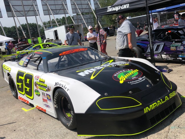 Reid Lanpher pulls his car into his pit stall following a practice run Saturday at Oxford Plains Speedway. Lanpher, of Manchester, has finished second twice in the Oxford 250.