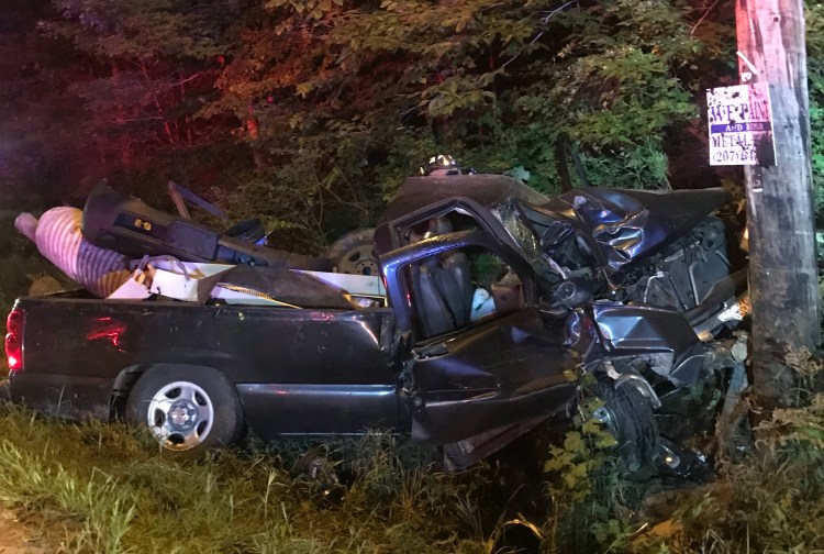 A grey 2003 Chevrolet that was wrecked on Routes 302 and 11 in Naples.