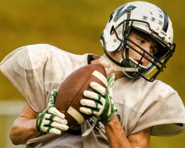 Winthrop/Monmouth/Hall-Dale's Dylan Lajoie practices Wednesday at Maxwell Field in Winthrop.