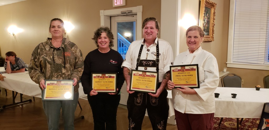 The 5th annual Rangeley Oktoberfest Brat & Strudel Contest winners were, from left, Margaret White, Sarge's Sports Pub, Best Brat (popular vote); Monika Liedl, The Red Onion, Best Brat (judges' vote); Patrick Friehl, The Shed, Best Strudel (judges' vote); and Ana Wetherill, Just Desserts, Best Strudel (popular vote).