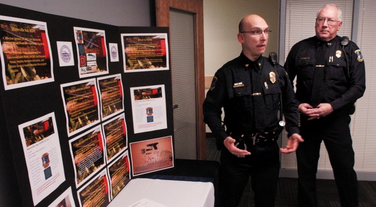 Deputy Chief Bill Bonney, left, and Chief Joe Massey, both of the Waterville Police Department, announced Operation HOPE — Heroin Opiate Prevention Effort — during a news conference on Nov. 16, 2016. Bonney plans to embark on a 10-week course for law enforcement executives on Monday at the FBI National Academy in Quantico, Virginia.