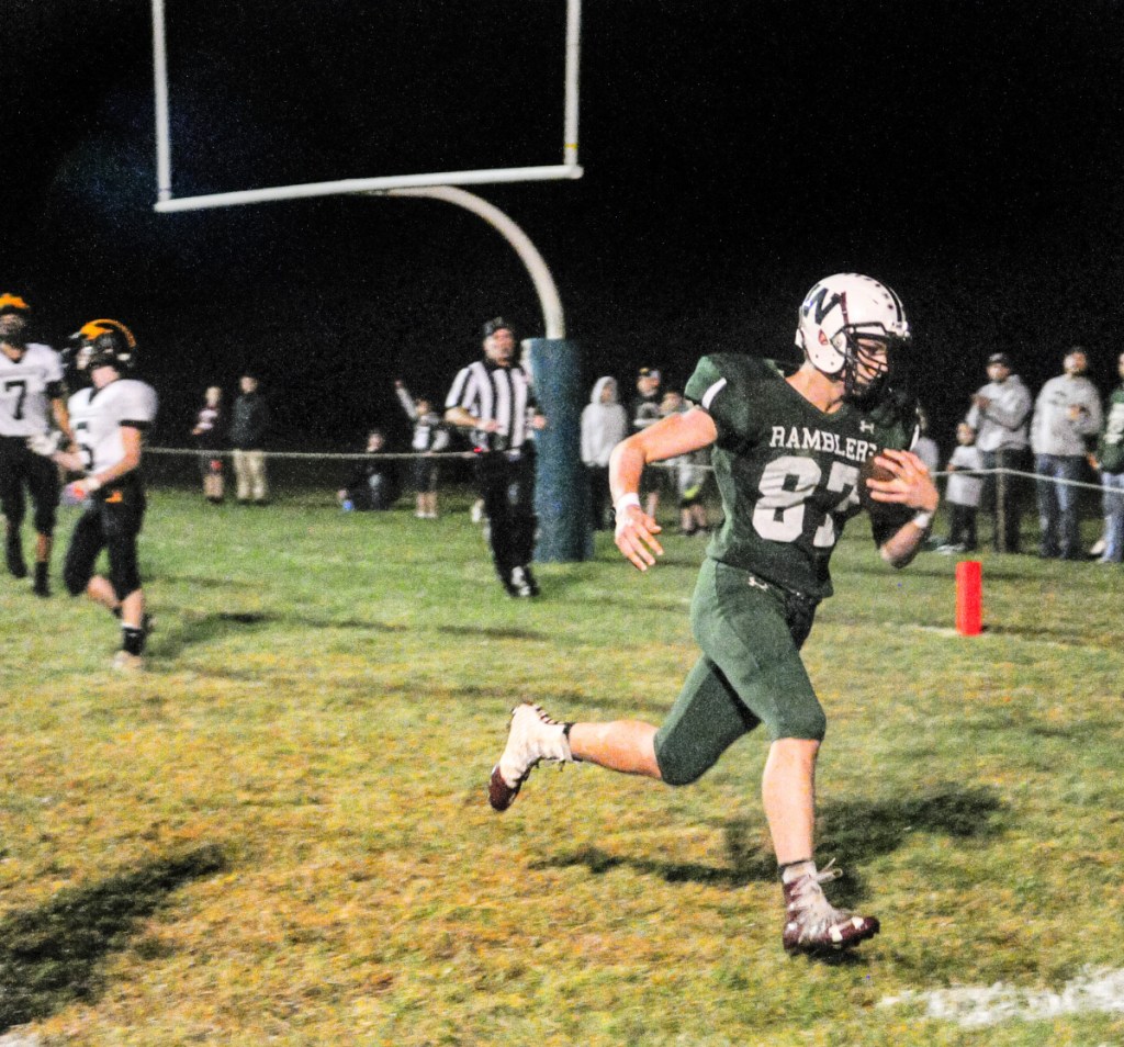 Winthrop/Monmouth/Hall-Dale tight end Evan Burnell catches a pass in the end zone for the Ramblers' second touchdown against Maranacook on Friday at Maxwell Field in Winthrop.