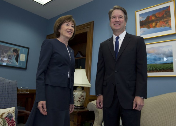 Sen. Susan Collins, R-Maine, meets with Supreme Court nominee Brett Kavanaugh at her Washington office on Aug. 21. 