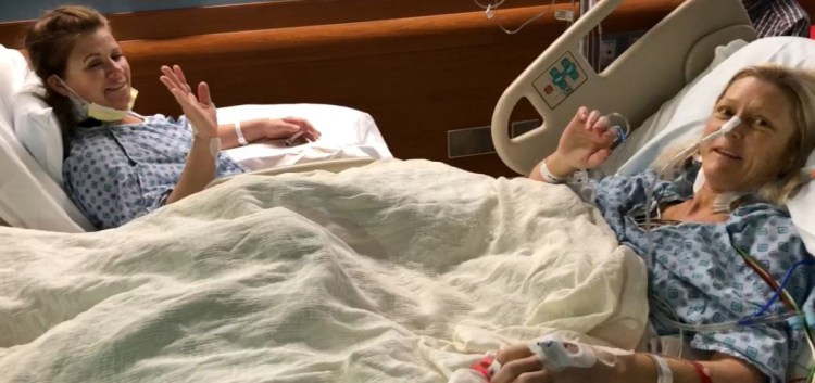 Terra Goudge, right, and her friend Amy Aleck await the surgery in April that gave Goudge a piece of Aleck's healthy liver. Goudge was turned down for a traditional transplant from a deceased donor, so the California women traveled to the University of Pittsburgh to find a surgeon willing to perform a living donor transplant.