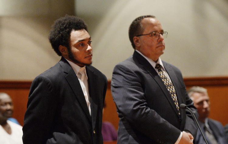 Tyrese Collins appears with an attorney, Robert LeBrasseur, at the Cumberland County Courthouse in Portland. The attorney has since withdrawn from the case over a conflict.