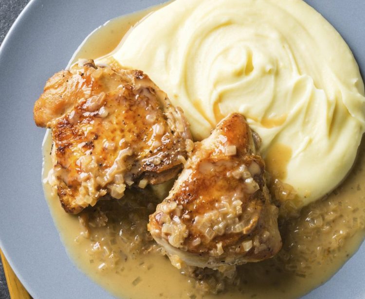 Pan roasting a bone-in chicken breast helps keep the delicate meat moist, produces a crisp skin and makes a quick pan sauce.