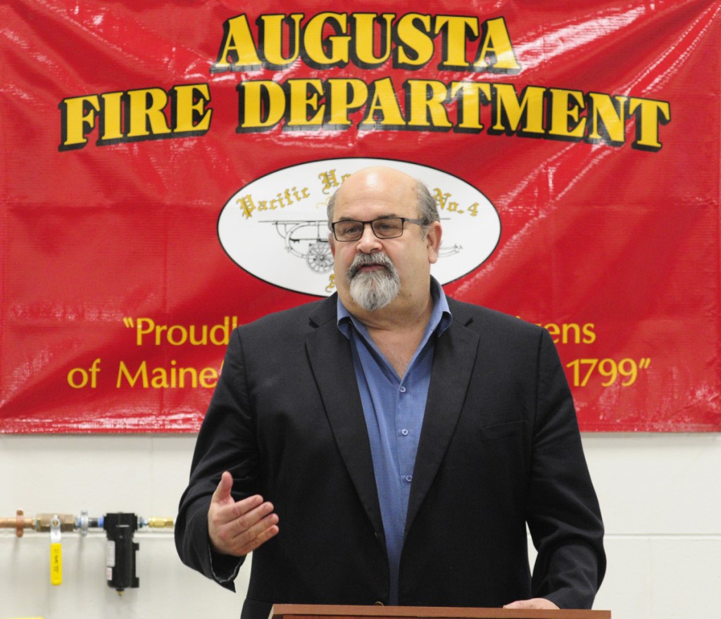 Augusta Mayor David Rollins speaks at ribbon cutting ceremony on May 25, 2017, at the new North Station No. 3 in Augusta. Rollins will be unopposed on the November ballot as he seeks re-election to his post.