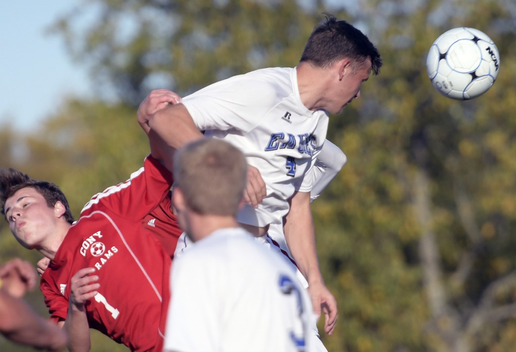 Cony's Tim Flannery, left, and Erskine's Travis Dow make contact during a Kennebec Valley Athletic Conference game against Cony  on Wednesday in Augusta.