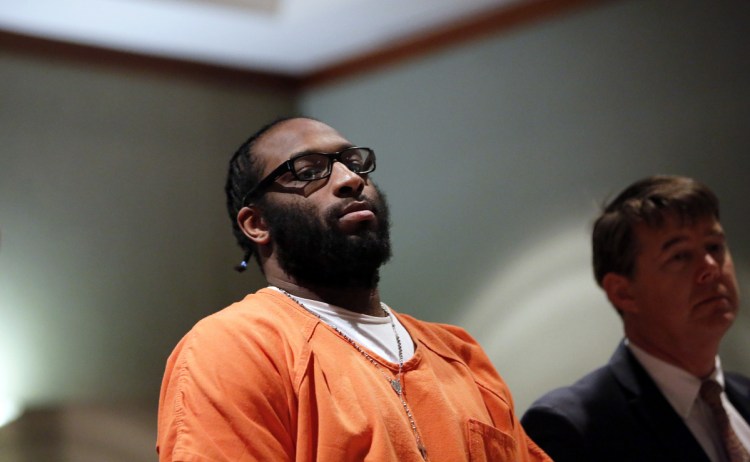 David Marble Jr. stands next to defense lawyer Jon Gale during a hearing Friday in Cumberland County Superior Court in Portland. Marble sought a new trial after a jury convicted him of murdering two Augusta residents in an execution-style shooting early on Dec. 25, 2015. Judge Michaela Murphy denied his appeal.