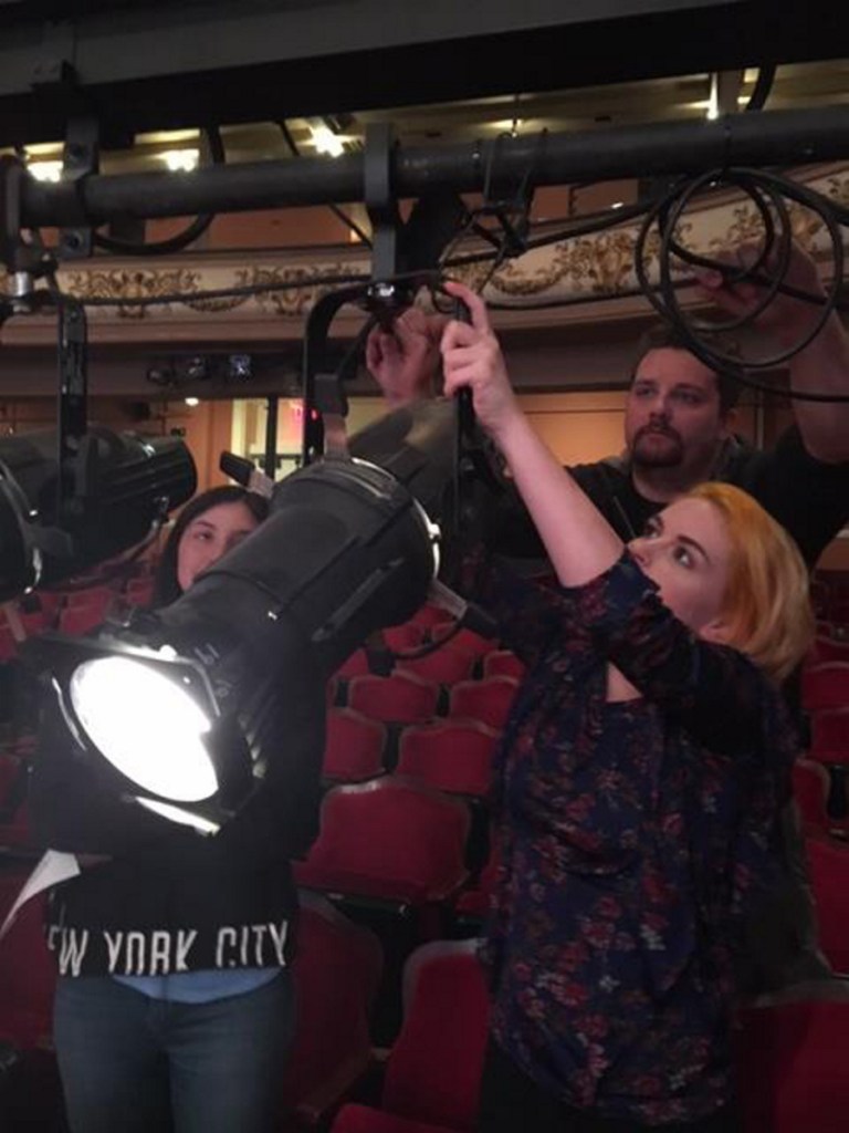 Marie Labrecque, right, with Waterville Opera House Technical Director Tony Gerow, center, with Alexa Gallant looking on.