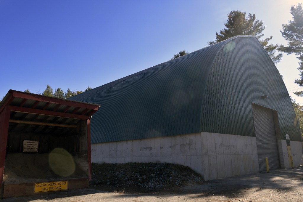 The Town of Belgrade's capped salt and sand shed on Friday. Homeowners around Belgrade's Cemetery Road, Routes 11 and 27 triangle seeing high levels of salt in their wells. The problem has bubbled up previously, all as a result of a DOT/town salt pile that was uncovered for years and allowed the chloride to leach into the ground.