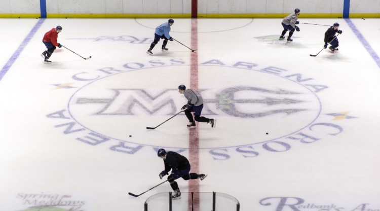 The Maine Mariners practice on home ice Thursday at Cross Insurance Arena. Pro hockey has been absent in Portland since the Pirates moved out of state in May 2016.