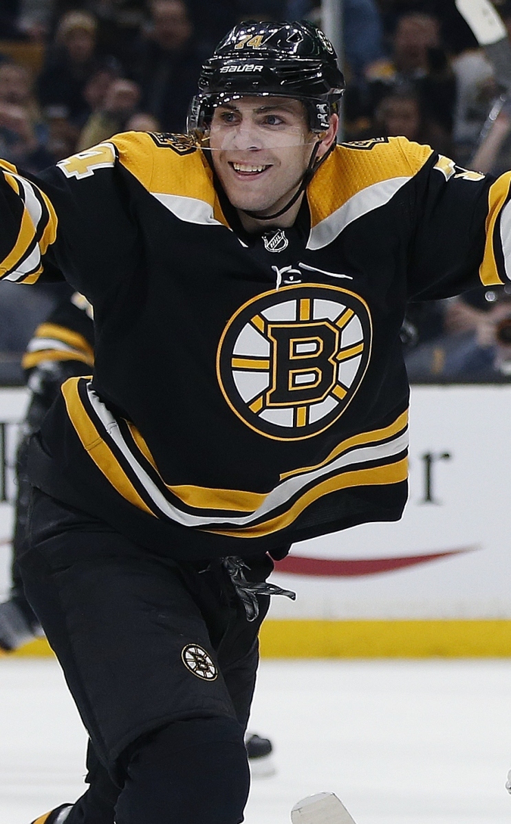 Boston's Jake DeBrusk celebrates his goal against Philadelphia goalie Brian Elliott in the second period Thursday night in Boston.
