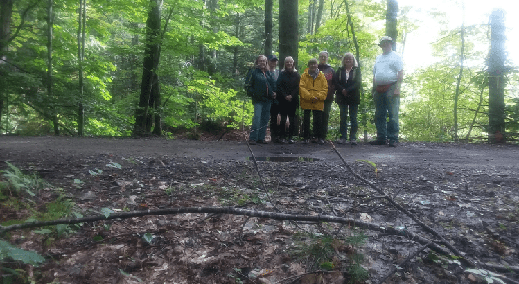 Walkers from the York County Senior College's ‘Out in the Woods II’ class, hosted by the Mousam Way Land Trust, stand at the end of Deering Pond where a railcar from 1871 went in. 