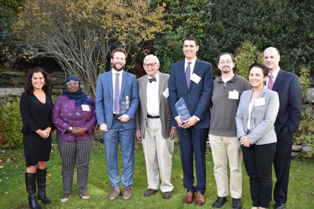 Camden National Bank members and board leaders from left are Renee Smyth, chief experience and marketing officer, Camden National Bank; Samaa Abdurraqib, Board co-chairwoman, Maine Inside Out, in Portland; Ben Martens, executive director, Maine Coast Fisherman's Association; Brad Babson, board president, Brunswick-Topsham Land Trust, in Brunswick; Ryan Ciriello, Development Committee chairman, Milestone Recovery, of Portland; Steven Bishop, treasurer, The Game Loft, in Belfast; Chelsea Ellis, board director, Hardy Girls Healthy Women, in Waterville; and Greg Dufour, president & CEO, Camden National Bank, in Brunswick.