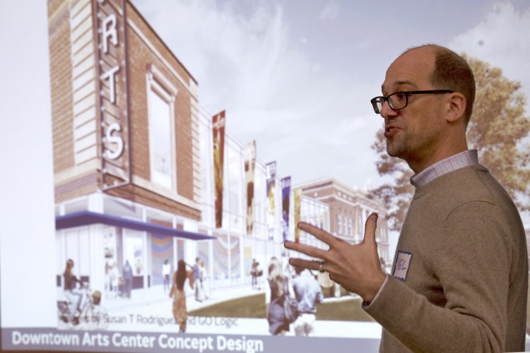 Neil Kittredge, an architect with Beyer Blinder Bell Architects, gives a presentation Oct. 17 before the first public workshop on redesigning Castonguay Square in downtown Waterville. A second workshop is scheduled for Wednesday at the Chace Community Forum in the Bill & Joan Alfond Main Street Commons, at 150 Main St.