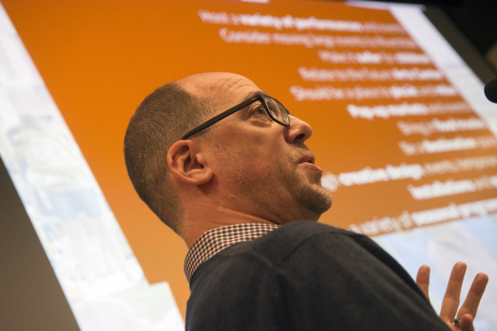 Neil Kittredge, an architect with Beyer, Binder and Belle, discusses design approaches for the new arts center and Castonguay Square during a community workshop Wednesday at the Bill and Joan Alfond Commons.