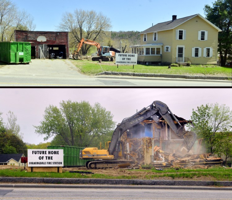 The top photo, from May 8, shows how a house at 571 Maine Ave. in Farmingdale, the last structure on that site, looked before Mid-Maine Construction knocked it down. The bottom photo shows its demolition on May 19. The town paid $190,000 for the lot, which is just north of Gosline's Hardware on Maine Avenue, also known as U.S. Route 201 and Route 27. Its last residents lived there for decades. The nearly 1-acre lot would be site of the new station that would have three bays and be 80 feet by 80 feet in size and would be set back 100 feet from the road.