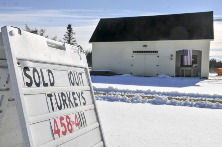 A Foggy Moon Farm sign indicates that they have already sold all the turkeys for the season on Saturday in West Gardiner.